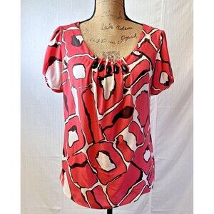 Escada Women's Coral Abstract Print 100% Silk Short Sleeve Top Blouse Sz 36/6